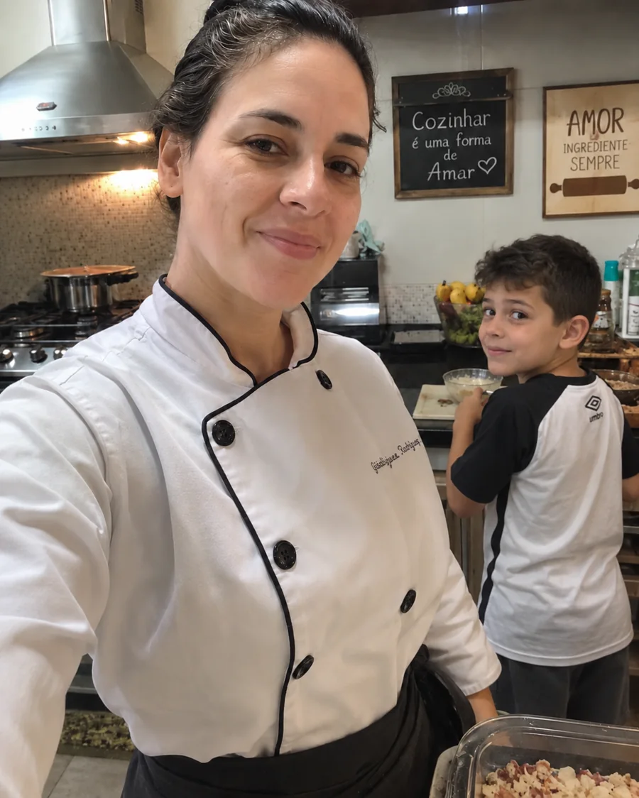 Chef Katia na cozinha ao lado de uma criança