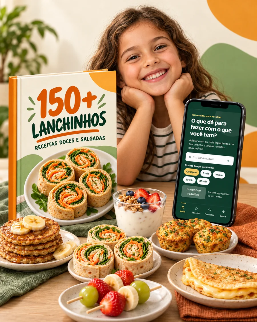 Mockup da coleção Lanchinho Pronto com uma criança, celular aberto na plataforma e pratos com lanchinhos