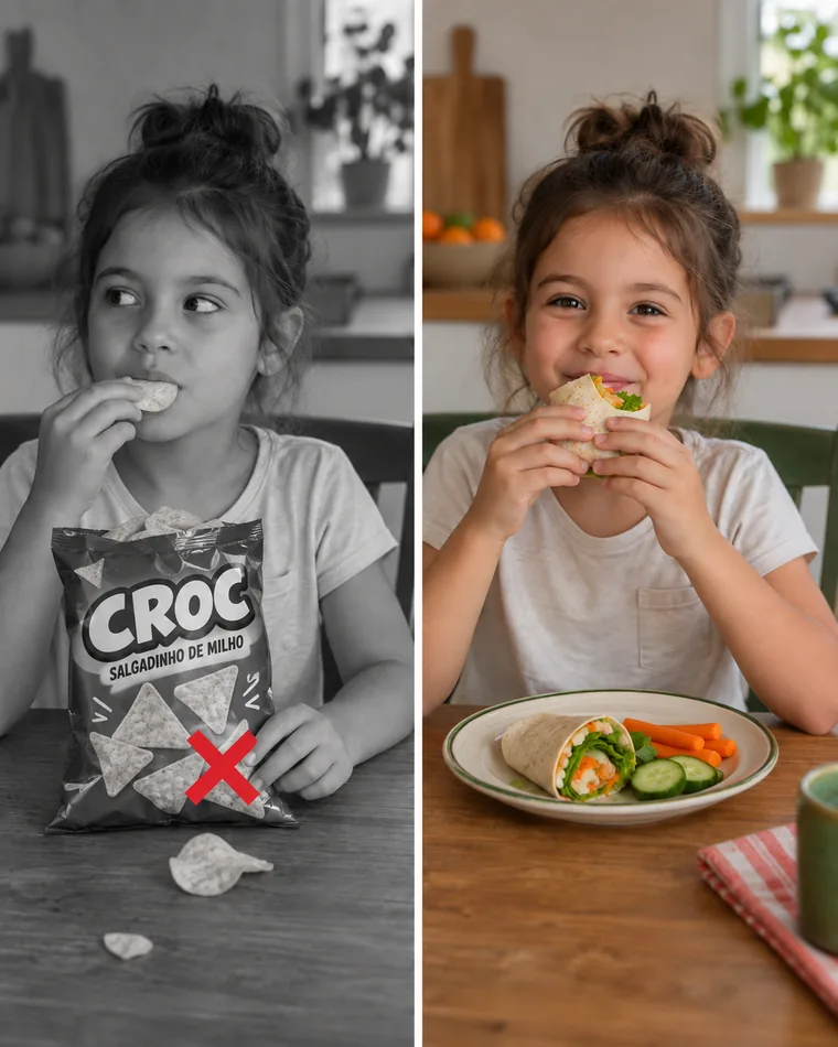 Comparação ilustrativa entre o salgadinho industrializado e um lanche caseiro